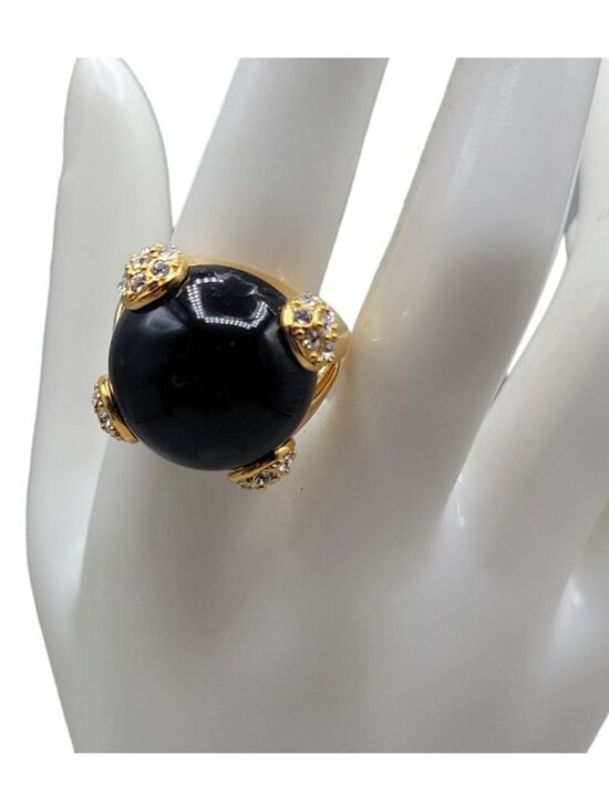 RM Jewelry - Cobalt Blue Bubble Art Glass Ring 18kgp 7.5 Signed RM Rhinestones Gold Tone
